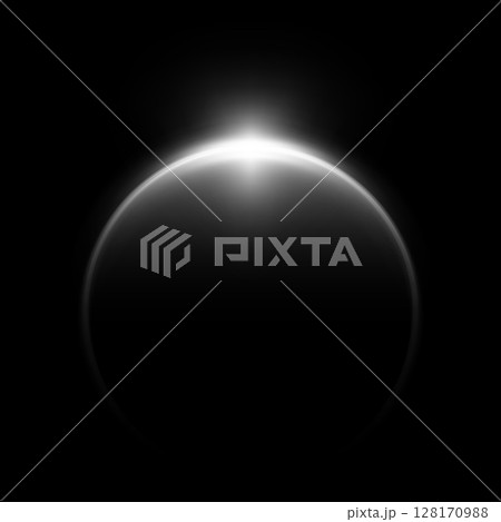 Sunrise horizon, solar or moon eclipse with blur spark effect, vector white glowing round aura and globe dark silhouette Sunrise horizon, solar or moon eclipse with blur spark effect, vector white glowing round aura and globe dark silhouette 128170988