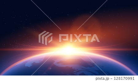 Sunrise horizon on planet Earth, solar or moon blur spark effect, glowing round beams realistic vector illustration Sunrise horizon on planet Earth, solar or moon blur spark effect, glowing round beams realistic vector illustration 128170991