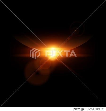 Sunrise or sunset horizon, solar or moon with orange blur spark effect vector illustration, glowing aura shiny rays 128170994