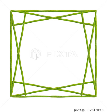 Square watercolor geometric frame of green plant stems on white background. Botanical frame template for wedding invitations, eco-design, stationery, spring-themed decorations, scrapbooking. 128170999
