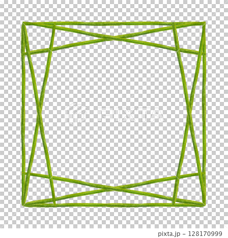Square watercolor geometric frame of green plant stems on white background. Botanical frame template for wedding invitations, eco-design, stationery, spring-themed decorations, scrapbooking. 128170999