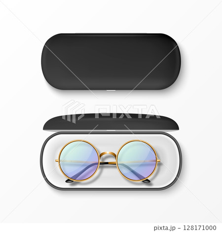 Vector 3d Realistic Round Sunglasses with Gold Metal Frame, Hard Black Case, Isolated. Vintage Eyeglasses in Open and Closed Protective Case. Design Template for Optics, Fashion, Eyewear Branding 128171000