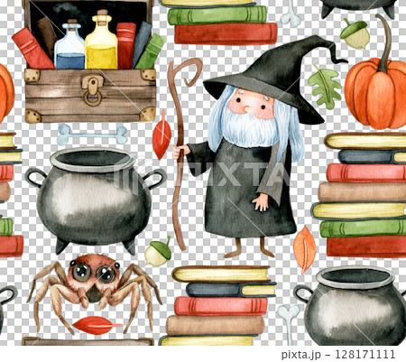 seamless pattern of the theme of wizard school, halloween, magic. cute watercolor print for children seamless pattern of the theme of wizard school, halloween, magic. cute watercolor print for children 128171111