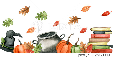 seamless border of the theme of wizard school, halloween, magic. cute watercolor frame for children 128171114