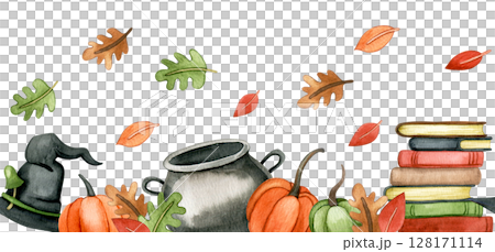 seamless border of the theme of wizard school, halloween, magic. cute watercolor frame for children seamless border of the theme of wizard school, halloween, magic. cute watercolor frame for children 128171114