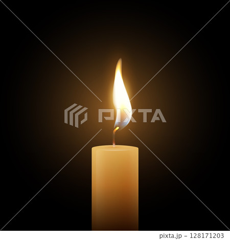Realistic Vector Candle Flame Clipart on Dark Background. Single Wax Pillar Candle with Soft Warm Glow and Flickering Flame, Ambient Lighting Design Template for Web, Print, Logo Design 128171203