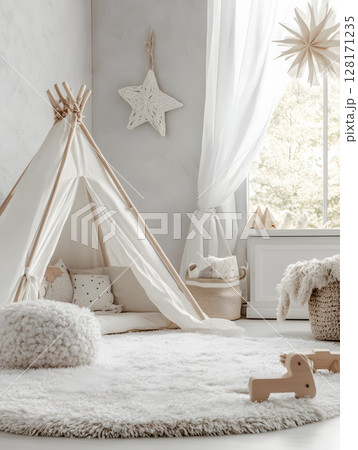 Kids room background for zoom calls. Creative Scandinavian interior. Minimalistic beige design 128171235