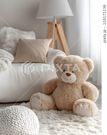 Kids room background for zoom calls. Creative Scandinavian interior. Minimalistic white design 128171236