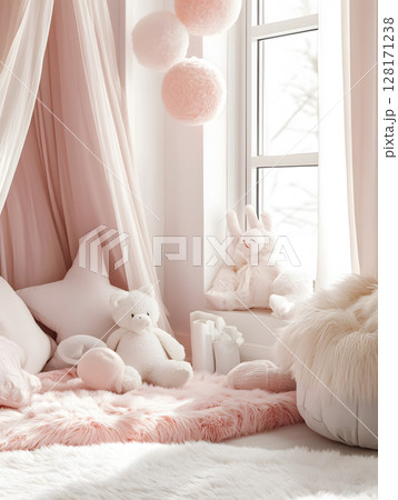 Kids room background for zoom calls. Creative Scandinavian interior. Minimalistic beige design 128171238