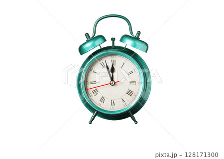 retro clock, pointer clock, blue color alarm clock on isolated white background 128171300