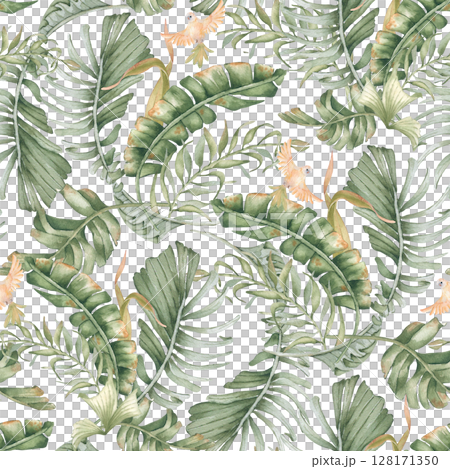 Seamless tropical pattern with watercolor palm leaves and budgerigar isolated on white. Hand painted exotic foliage and yellow parakeet for tropical wallpaper, textile design. Repeat jungle motif. 128171350