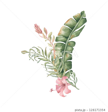 Palm leaf and tropical branches with pink flower watercolor illustration isolated on white. Tropical foliage and hibiscus hand painted in pastel colors. Botanical clipart in Hawaii style for design. Palm leaf and tropical branches with pink flower watercolor illustration isolated on white. Tropical foliage and hibiscus hand painted in pastel colors. Botanical clipart in Hawaii style for design. 128171354