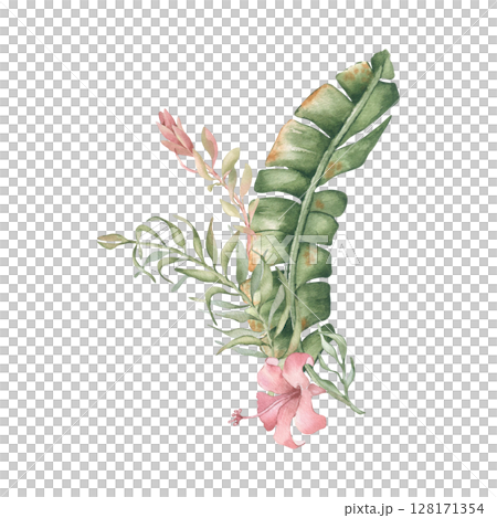 Palm leaf and tropical branches with pink flower watercolor illustration isolated on white. Tropical foliage and hibiscus hand painted in pastel colors. Botanical clipart in Hawaii style for design. Palm leaf and tropical branches with pink flower watercolor illustration isolated on white. Tropical foliage and hibiscus hand painted in pastel colors. Botanical clipart in Hawaii style for design. 128171354
