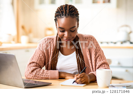 Smiling Black Student Woman Study With Laptop In Kitchen And Taking Notes, Young African American Lady Sitting At Desk At Home And Writing In Notepad, Enjoying Remote Distance Learning, Free Space Smiling Black Student Woman Study With Laptop In Kitchen And Taking Notes, Young African American Lady Sitting At Desk At Home And Writing In Notepad, Enjoying Remote Distance Learning, Free Space 128171846