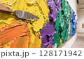 Painting depicts colorful thick brushstrokes. Impasto artwork showcases vivid textures layering. Art design illustration background creative projects. Bright multiple colors rough texture image 128171942