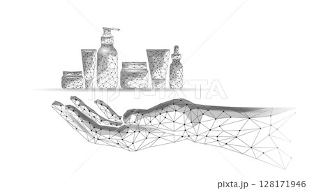 Cosmetic products illustration displayed in hand. Skincare routine represented by beauty product set, polygonal style. Suitable beauty wellness dermatology cosmetics spa design white background vector Cosmetic products illustration displayed in hand. Skincare routine represented by beauty product set, polygonal style. Suitable beauty wellness dermatology cosmetics spa design white background vector 128171946