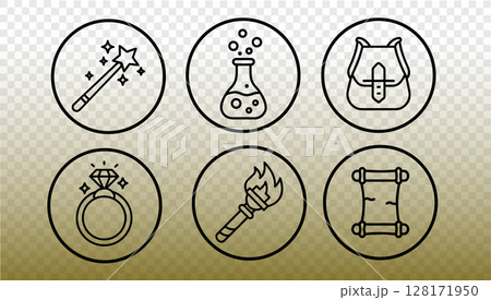 Magic game icons set. Fantasy adventure mystic symbols. RPG games UI UX mobile app design. Line art transparent background vector 128171950