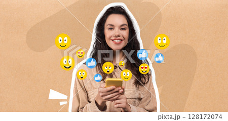 A young woman smiles while texting on her smartphone, surrounded by playful social media emojis. She enjoys engaging with friends and expressing her emotions through messaging. A young woman smiles while texting on her smartphone, surrounded by playful social media emojis. She enjoys engaging with friends and expressing her emotions through messaging. 128172074