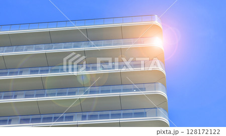 Downtown modern residential architecture. Architectural details of modern apartment building. Modern european residential apartment building complex. 128172122