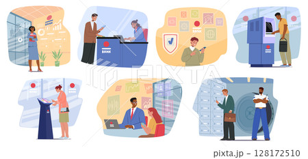 People using variety of banking services for saving money, financial transactions cartoon scene set People using variety of banking services for saving money, financial transactions cartoon scene set 128172510