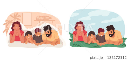 Happy family lying together enjoying relax time and leisure at home or outside cartoon scene set Happy family lying together enjoying relax time and leisure at home or outside cartoon scene set 128172512