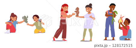 Children cartoon characters sharing toys playing together demonstrating kindness and friendship 128172515