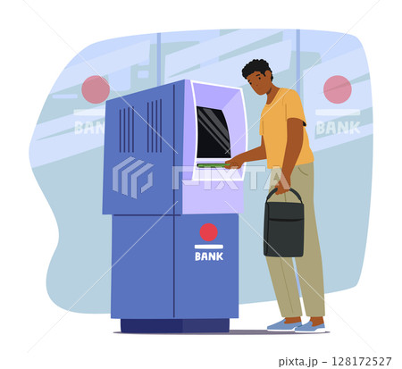 Man bank customer character with briefcase using atm machine to withdraw money cash cartoon scene 128172527
