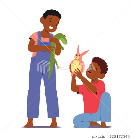 Two boys children of preschool age playing together sharing toys and communicating friendly 128172549