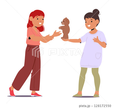 Girl giving teddy bear toy to her friend sharing positive emotions and feelings isolated on white Girl giving teddy bear toy to her friend sharing positive emotions and feelings isolated on white 128172550