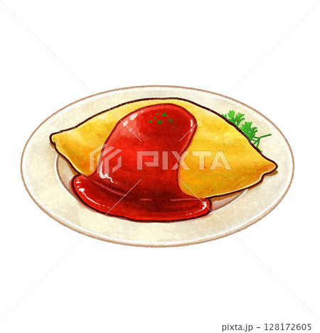皿に乗ったオムライスの手描きイラスト 128172605