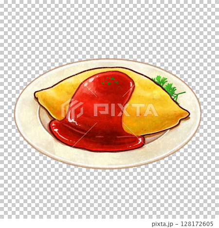 皿に乗ったオムライスの手描きイラスト 128172605