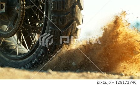 Detail view of the wheel of motocross bike. Freeze motion of exploding clay. Detail view of the wheel of motocross bike. Freeze motion of exploding clay. 128172740