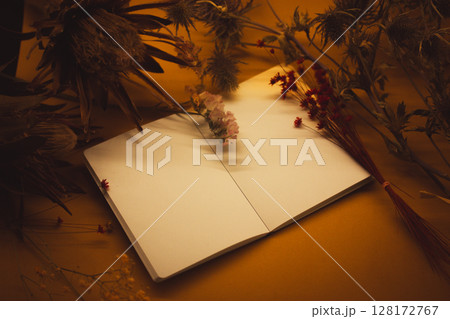 An open notebook on a table next to dried exotic flowers. Still life in dark key with a copybook on a brown background. Floral botanical plants. An open notebook on a table next to dried exotic flowers. Still life in dark key with a copybook on a brown background. Floral botanical plants. 128172767