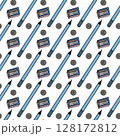 Seamless pattern with pens and pencils, stationery for studying, eraser and buttons, digital illustration. 128172812
