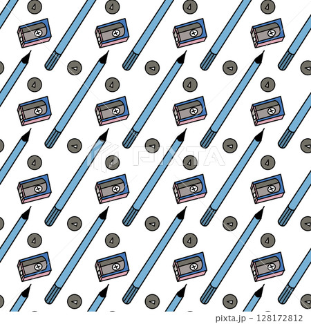 Seamless pattern with pens and pencils, stationery for studying, eraser and buttons, digital illustration. Seamless pattern with pens and pencils, stationery for studying, eraser and buttons, digital illustration. 128172812