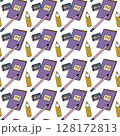 Seamless pattern with study books, pens and pencils, stationery for study, digital illustration. 128172813