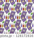 School Supplies - Various colorful "Back to School" badges. Pens, pencils, rulers, Notepad, Backpack, Eraser, sharpener and other goods. 128172816