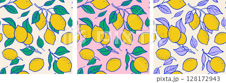 Hand drawn summer seamless patterns with lemons and leaves. 128172943