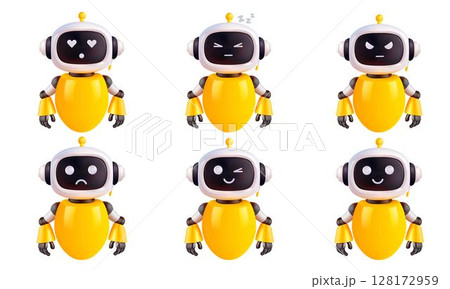 A yellow robot with different facial expressions on a white background. A chatbot in different moods. A yellow robot with different facial expressions on a white background. A chatbot in different moods. 128172959