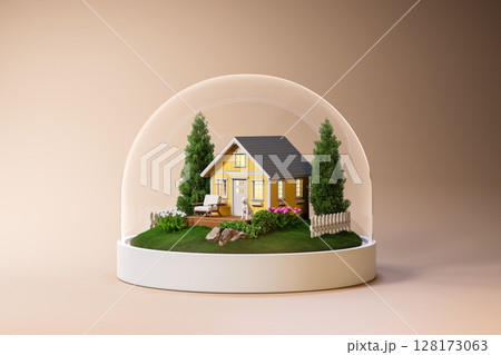 3D render of a cozy miniature house and garden inside a glass dome 128173063