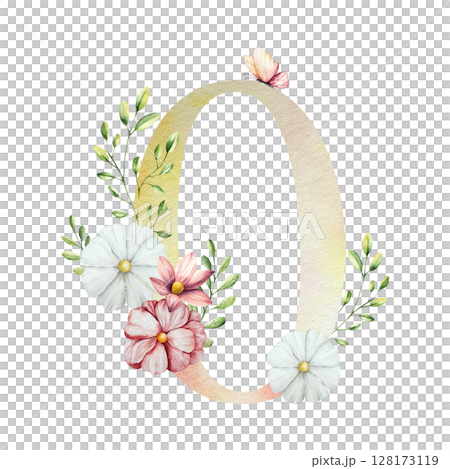Elegant number zero with flowers and leaves, butterfly. Watercolor gerbera, chamomile, echinacea. Hand drawn wildflower art isolated on background, transparent png. Botanical, easter and wedding 128173119