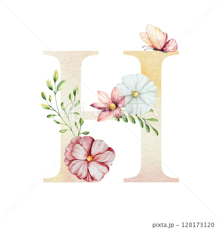 Watercolor letter H with floral ornament and soft foliage, gerbera, chamomile, echinacea. Delicate hand drawn butterfly and botanical elements in elegant.Transparent PNG, perfect for wedding monogram Watercolor letter H with floral ornament and soft foliage, gerbera, chamomile, echinacea. Delicate hand drawn butterfly and botanical elements in elegant.Transparent PNG, perfect for wedding monogram 128173120