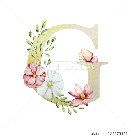 Watercolor letter G with floral ornament and soft foliage, gerbera, chamomile, echinacea. Delicate hand drawn butterfly and botanical elements in elegant.Transparent PNG, perfect for wedding monogram 128173121