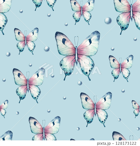 Seamless pattern with beautiful colorful butterflies. Watercolor hand drawn insect clipart isolated on background. Botanical and wedding illustration. Baby shower design elements. Party invitation Seamless pattern with beautiful colorful butterflies. Watercolor hand drawn insect clipart isolated on background. Botanical and wedding illustration. Baby shower design elements. Party invitation 128173122