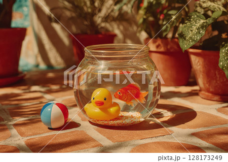 Goldfish swimming in bowl with rubber duck and beach toys Goldfish swimming in bowl with rubber duck and beach toys 128173249