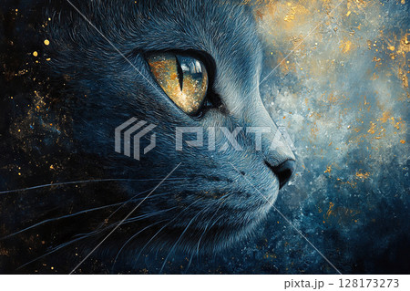 Drawing of a mystical cat's face on a blue background. 128173273