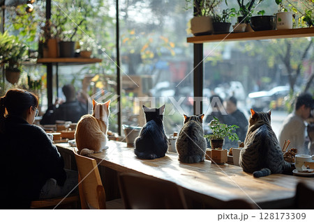 Animal Cafe. Cats sit on the counter by the window in the cafe. Generated by artificial intelligence Animal Cafe. Cats sit on the counter by the window in the cafe. Generated by artificial intelligence 128173309