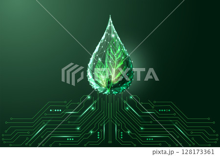 Glowing green biofuel drop with leaves and AI circuitry, symbolizing clean energy innovation Glowing green biofuel drop with leaves and AI circuitry, symbolizing clean energy innovation 128173361