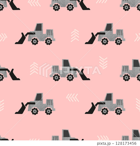 Seamless cartoon bulldozer transport pattern. Construction truck background Seamless cartoon bulldozer transport pattern. Construction truck background 128173456