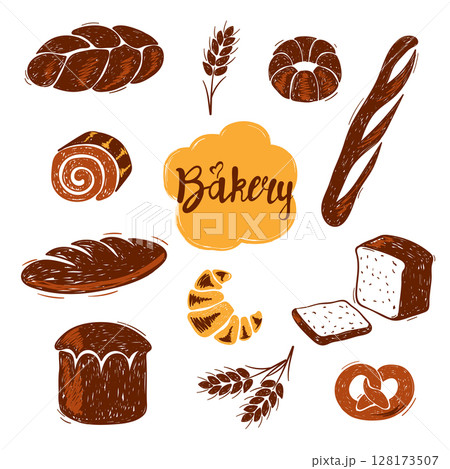 Hand drawn doodle bakery set. Different kinds of bread vector illustration 128173507